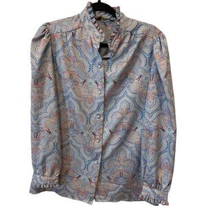 By Ruggeri Button Up Blouse Multicolor Damask Ruffled Collar Long Sleeve Vintage